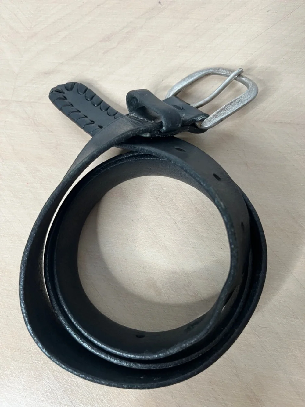 Christian Dior Men's Black Leather Belt with Braided Tip and Silver Buckle 38